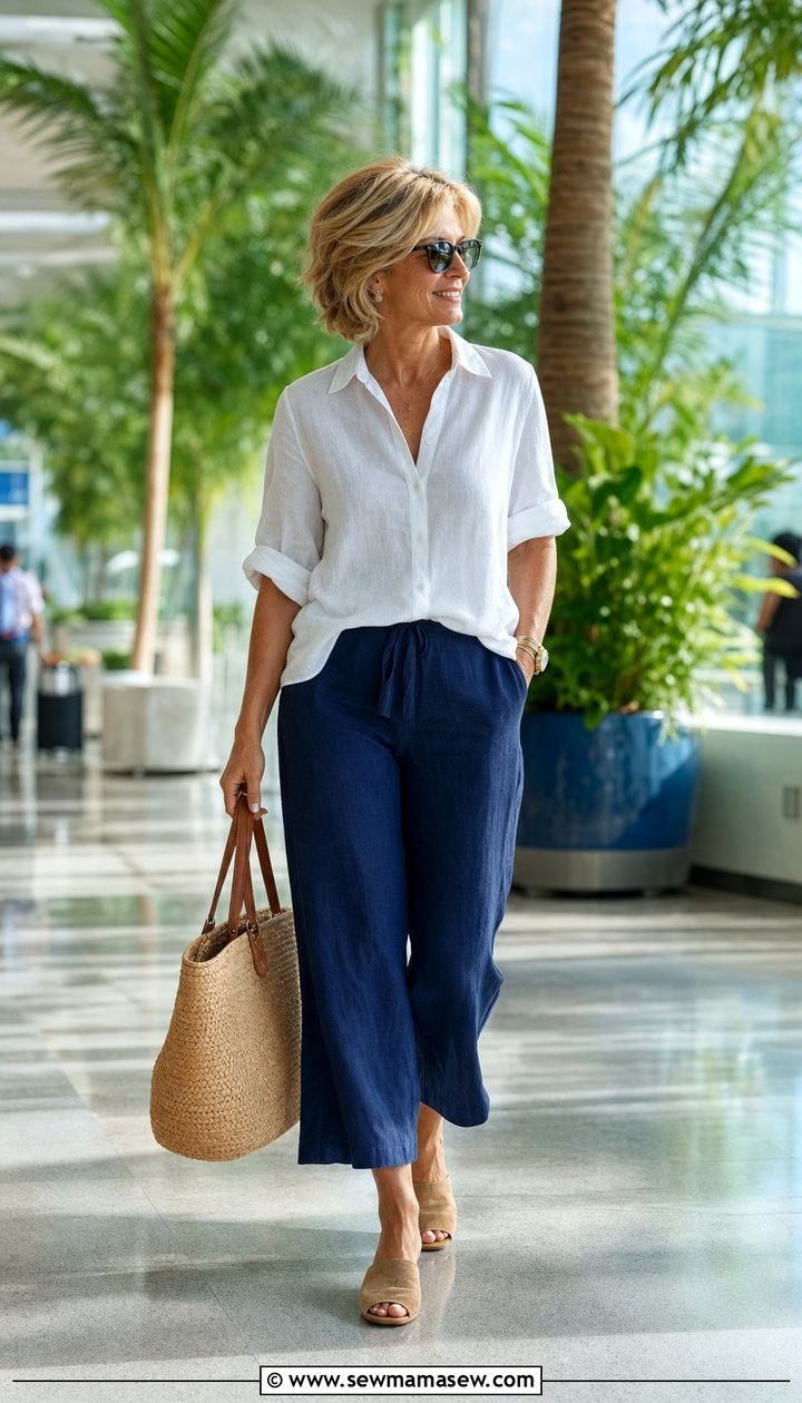Linen Button Down With Cropped Linen Trousers - 35 Airport outfit ideas for women over 50