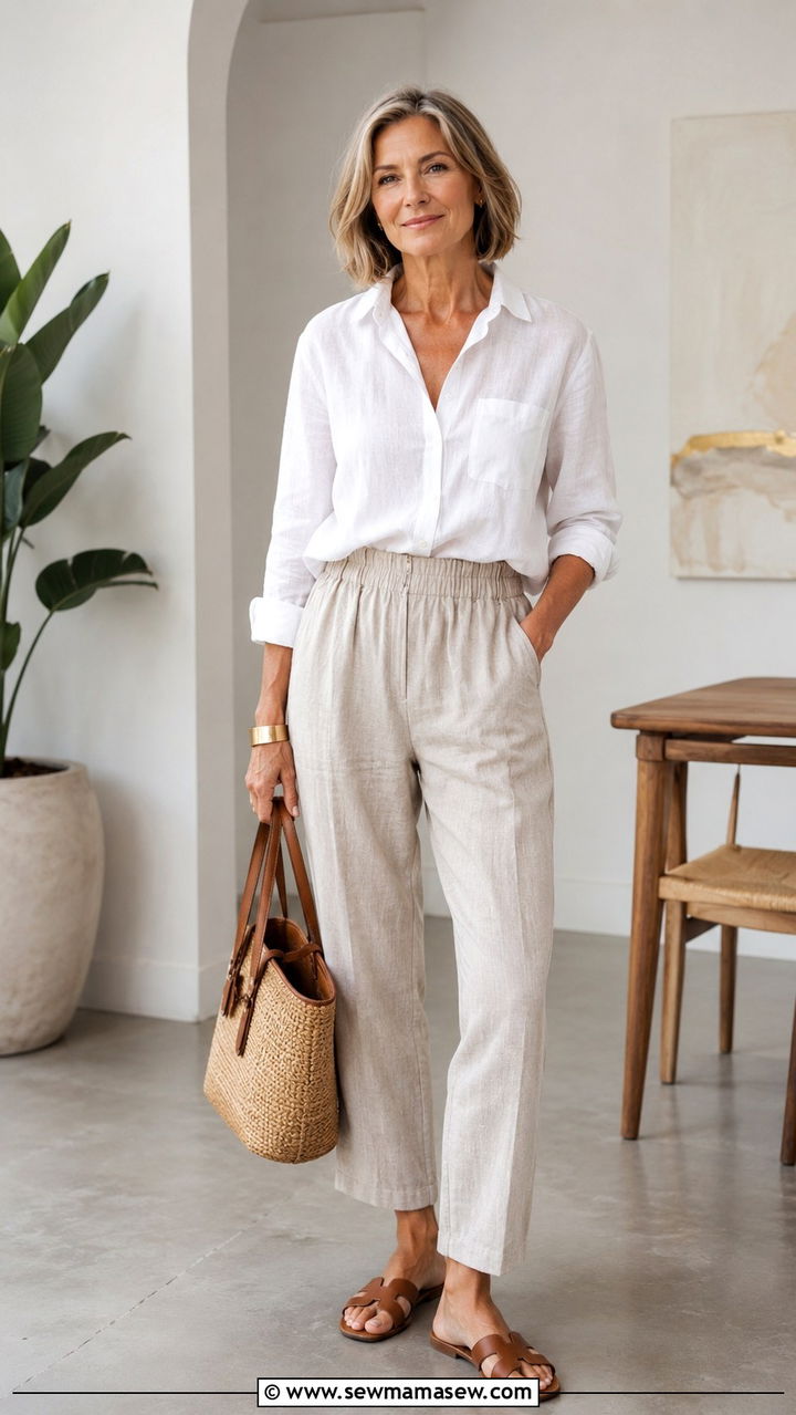 Linen Button Down With Elastic Waist Trousers - 25 Outfit ideas for women over 50 casual 2026