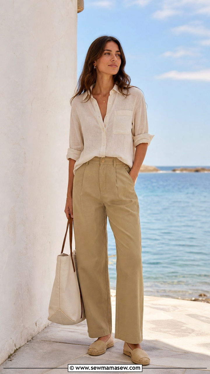 Linen Button Down With Khaki Trousers and Espadrilles - 40 Spring photoshoot outfits