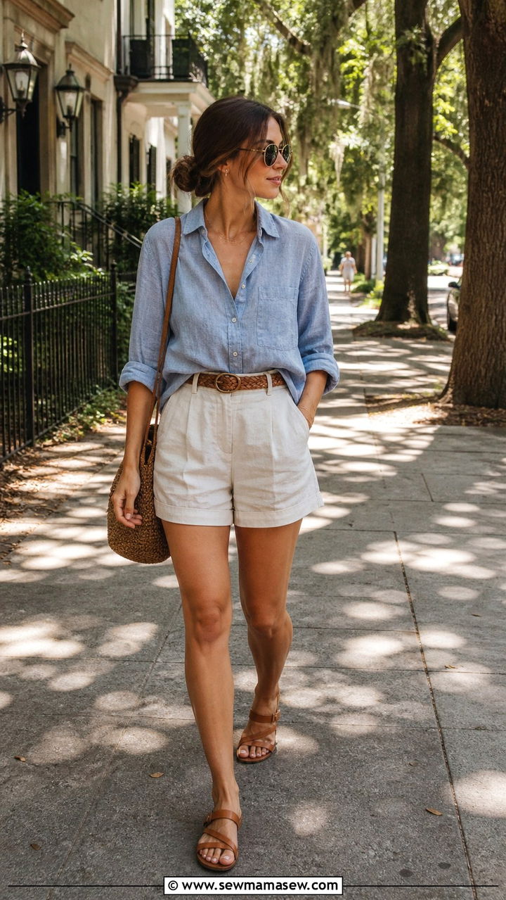 Linen Button Down With Shorts And Braided Belt - 40 Savannah outfit ideas