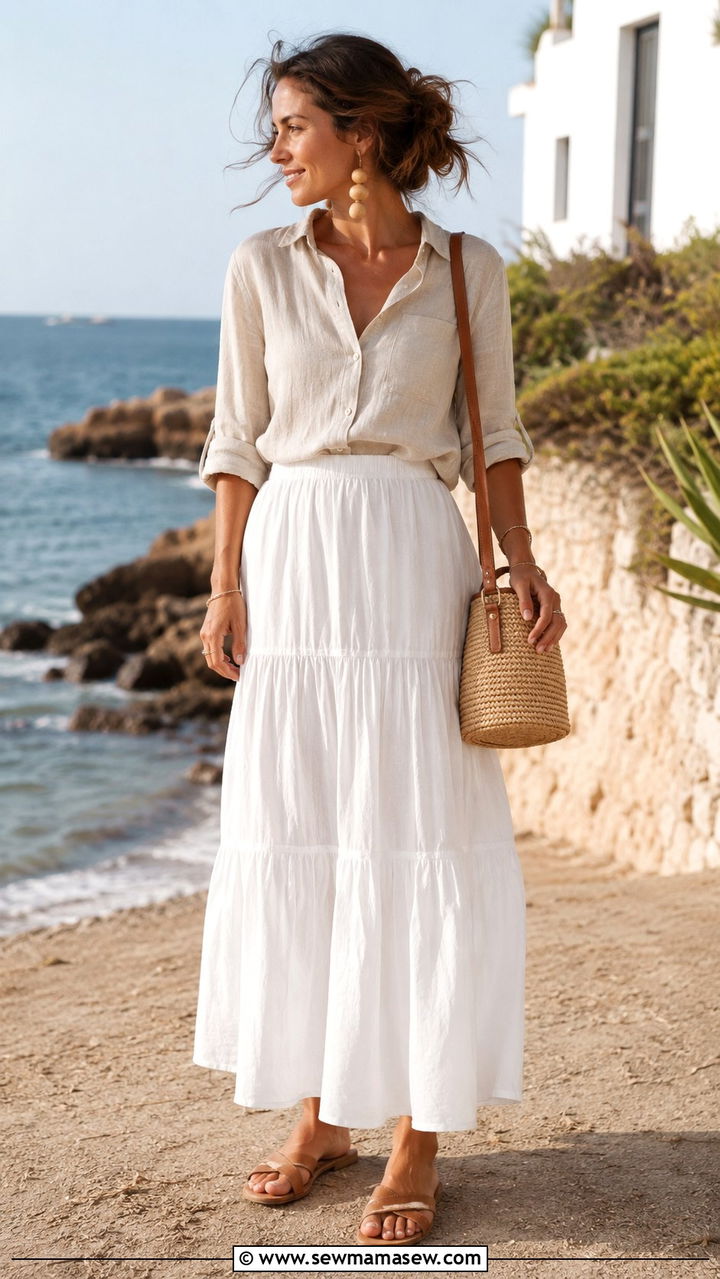 Linen Button Down With Tiered White Maxi Skirt - 30 Maxi skirt outfit ideas with a button down