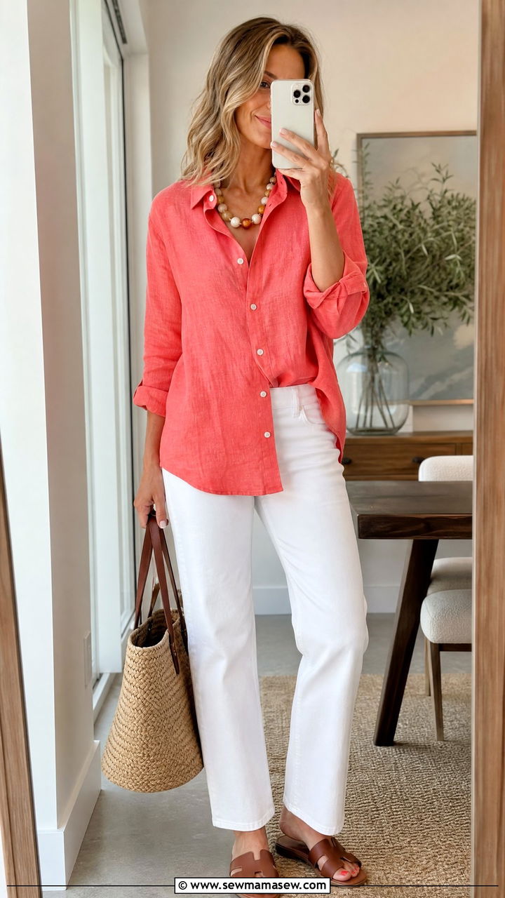 Linen Button Down With White Straight Leg Jeans - 30 summer trendy outfit ideas