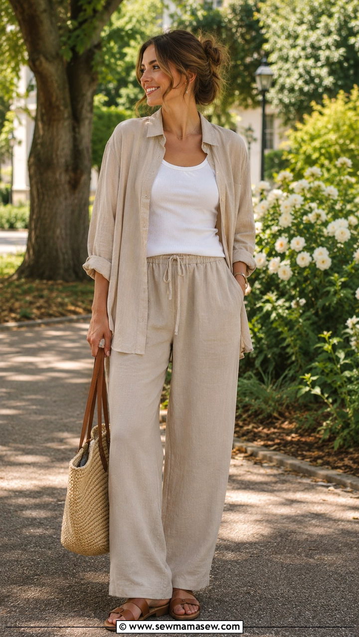 Linen Button Down With White Tank And Wide Leg Trousers - 30 cute transitional outfits