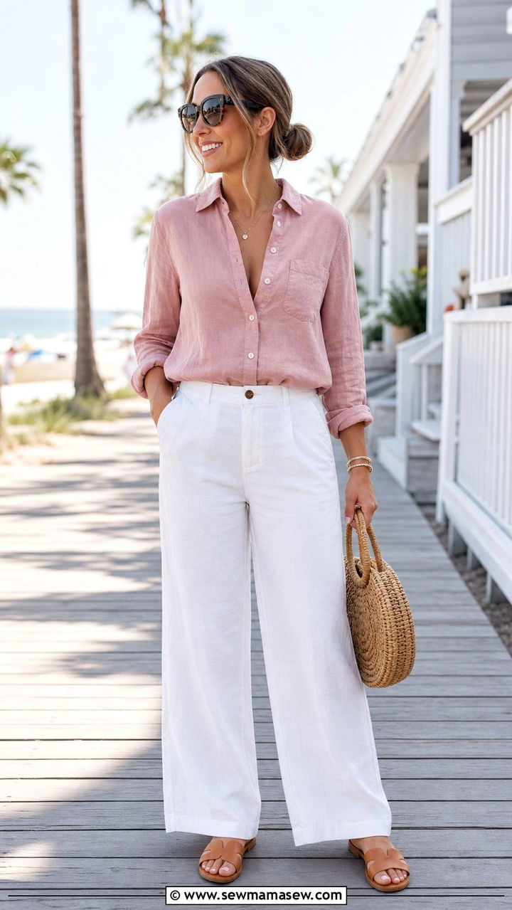 Linen Button Down With White Wide Leg Pants - 25 Spring ootd ideas