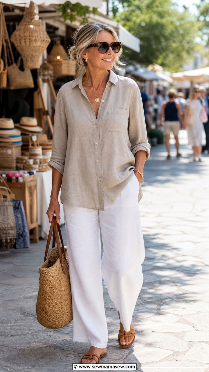Linen Button Down With White Wide Leg Pants - 25 Outfit ideas for women over 50 weekend