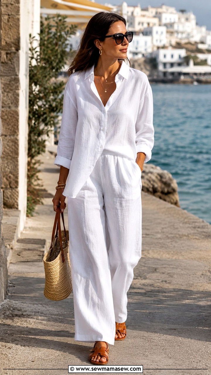 Linen Button Down With Wide Leg Linen Pants And Flat Sandals - 30 Mild weather outfit ideas