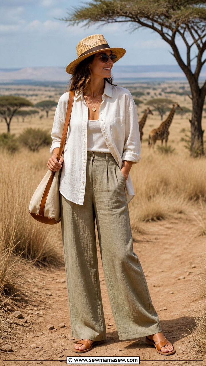 Linen Button Down With Wide Leg Pants Safari Outfit - 40 Safari outfit ideas