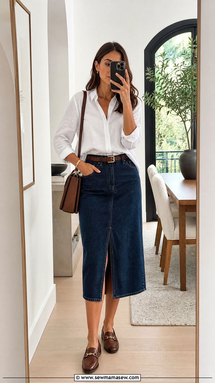 Linen Button Down and Denim Skirt with Loafers - 30 summer denim skirt outfit ideas