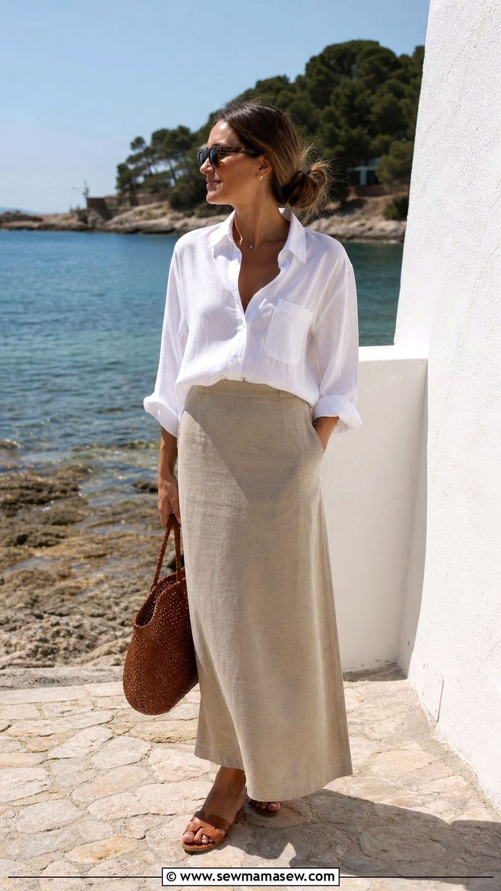 Linen Button Down and Neutral Maxi Skirt - 40 cute maxi skirt outfits
