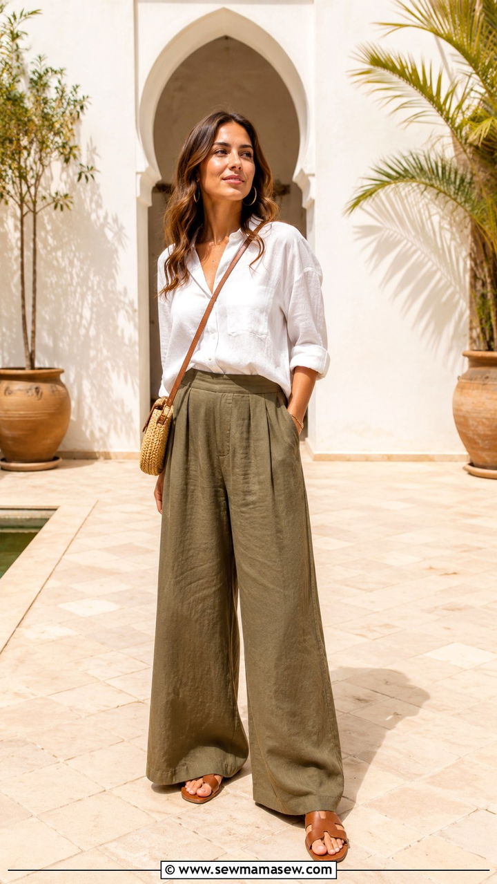 Linen Button Down and Palazzo Pants - 20 Modest outfit ideas for Morocco