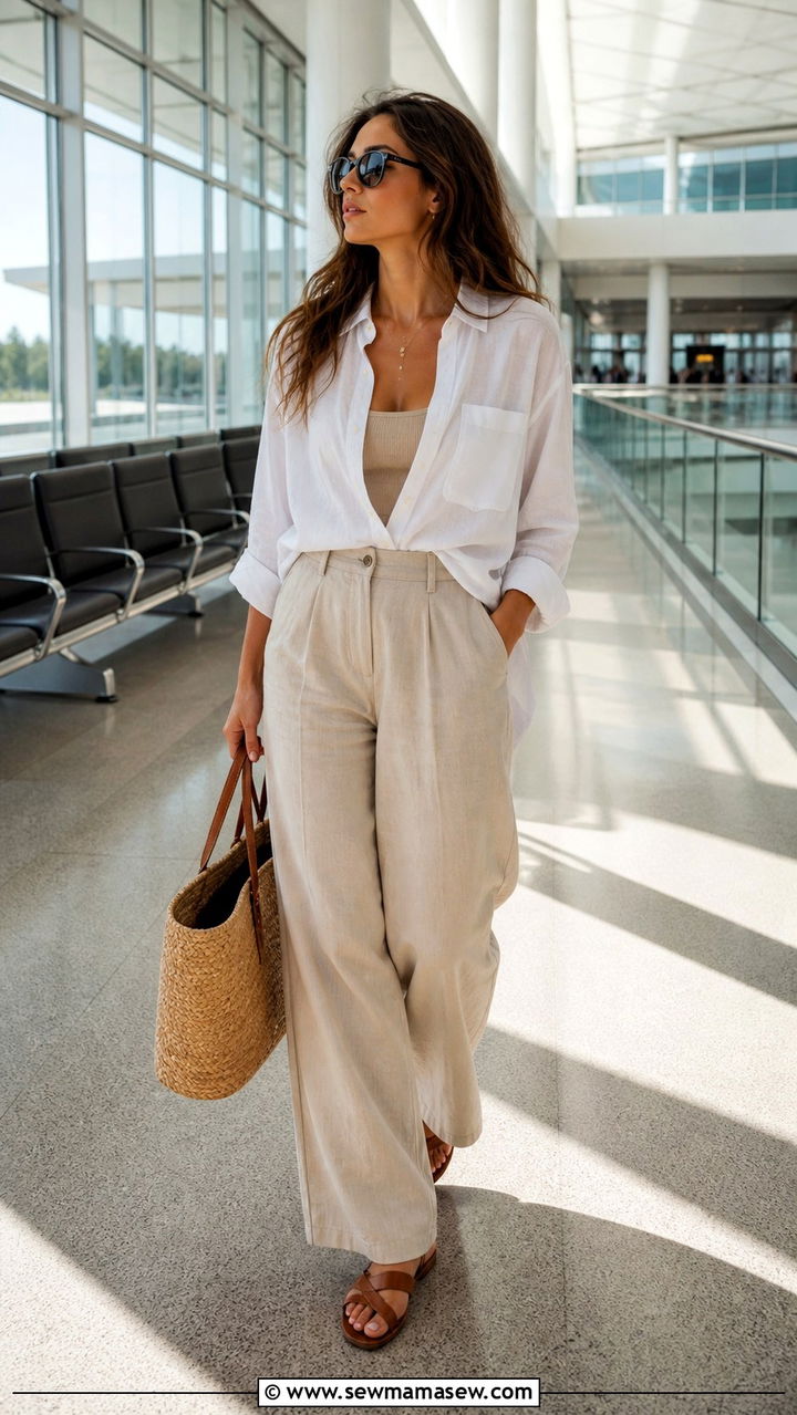Linen Button Down and Wide Leg Pants Summer Airport Outfit - 40 Chic airport outfits