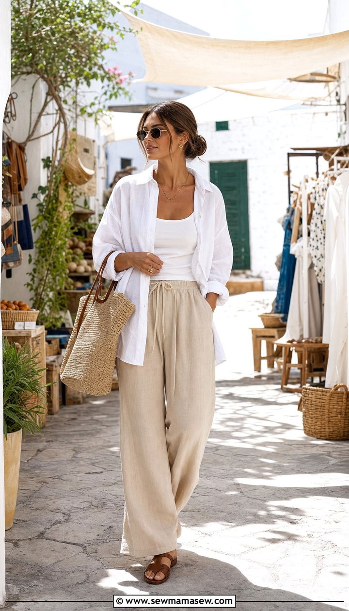 Linen Button Down and Wide Leg Pants Vacation Outfit - 25 Clean girl travel outfit ideas