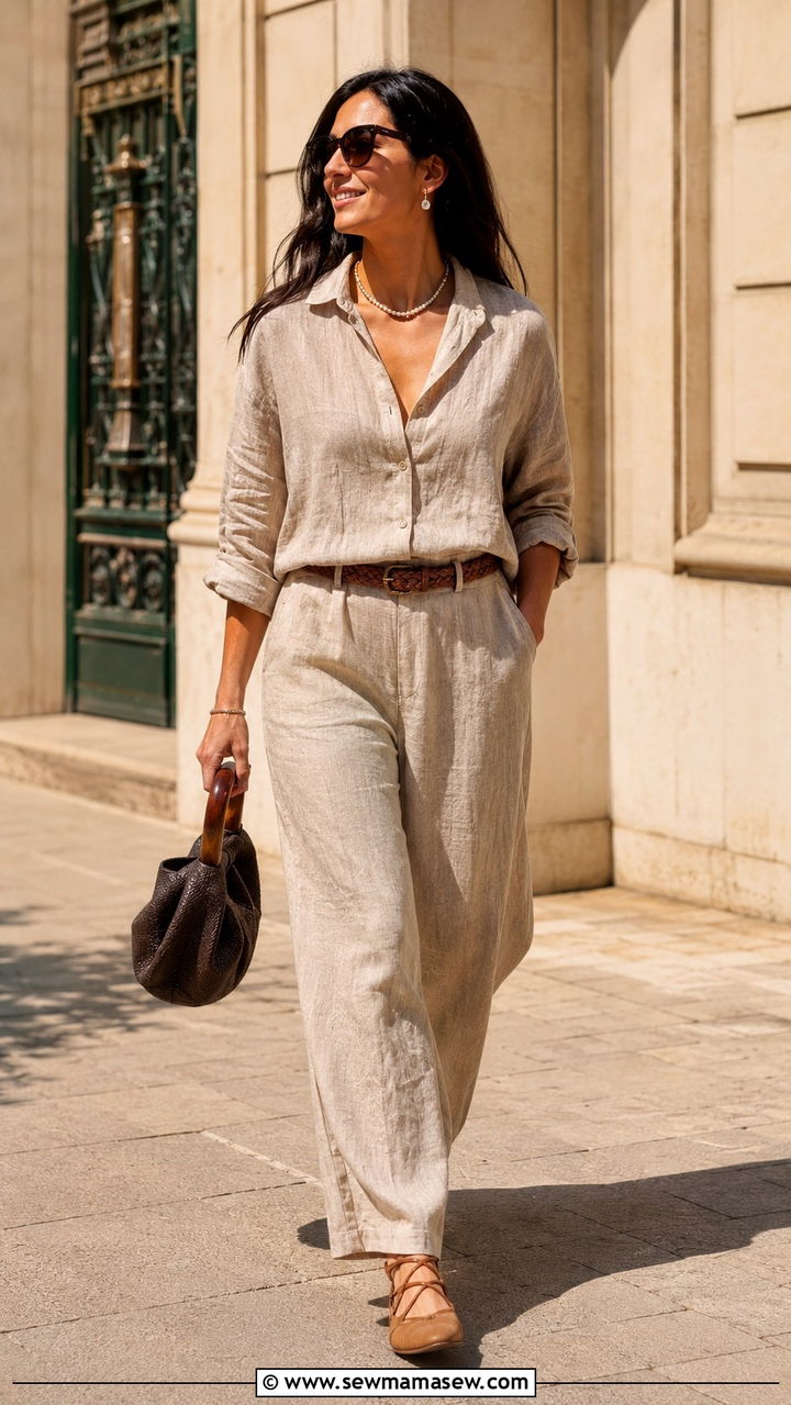 Linen Button Down and Wide Leg Pants with Ballet Flats - 30 How to style ballet flats in summer