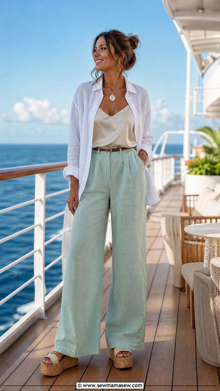 Linen Button Down and Wide Leg Trousers - 25 Caribbean cruise outfit ideas