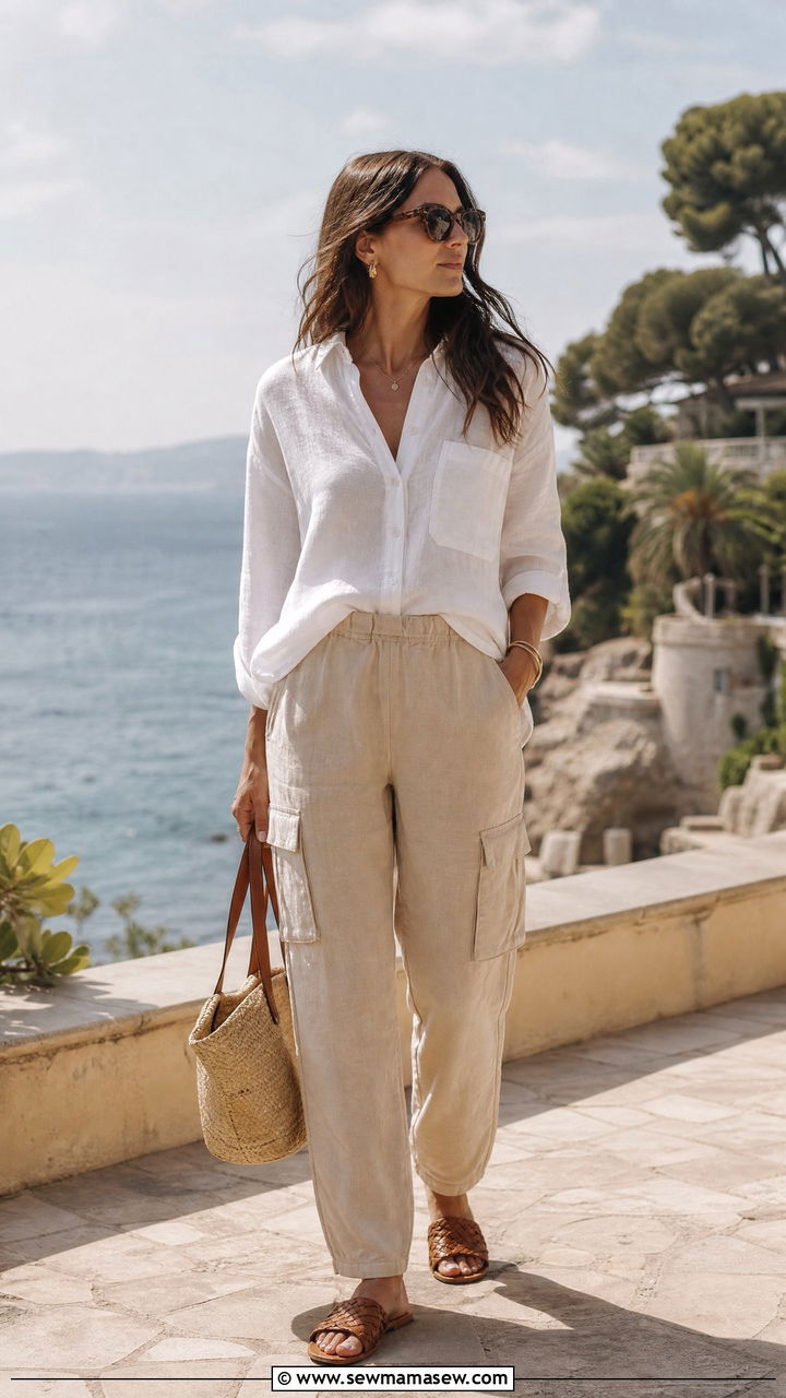 Linen Button Down with Beige Cargo Pants and Woven Slides - 30 summer cargo pants outfit ideas