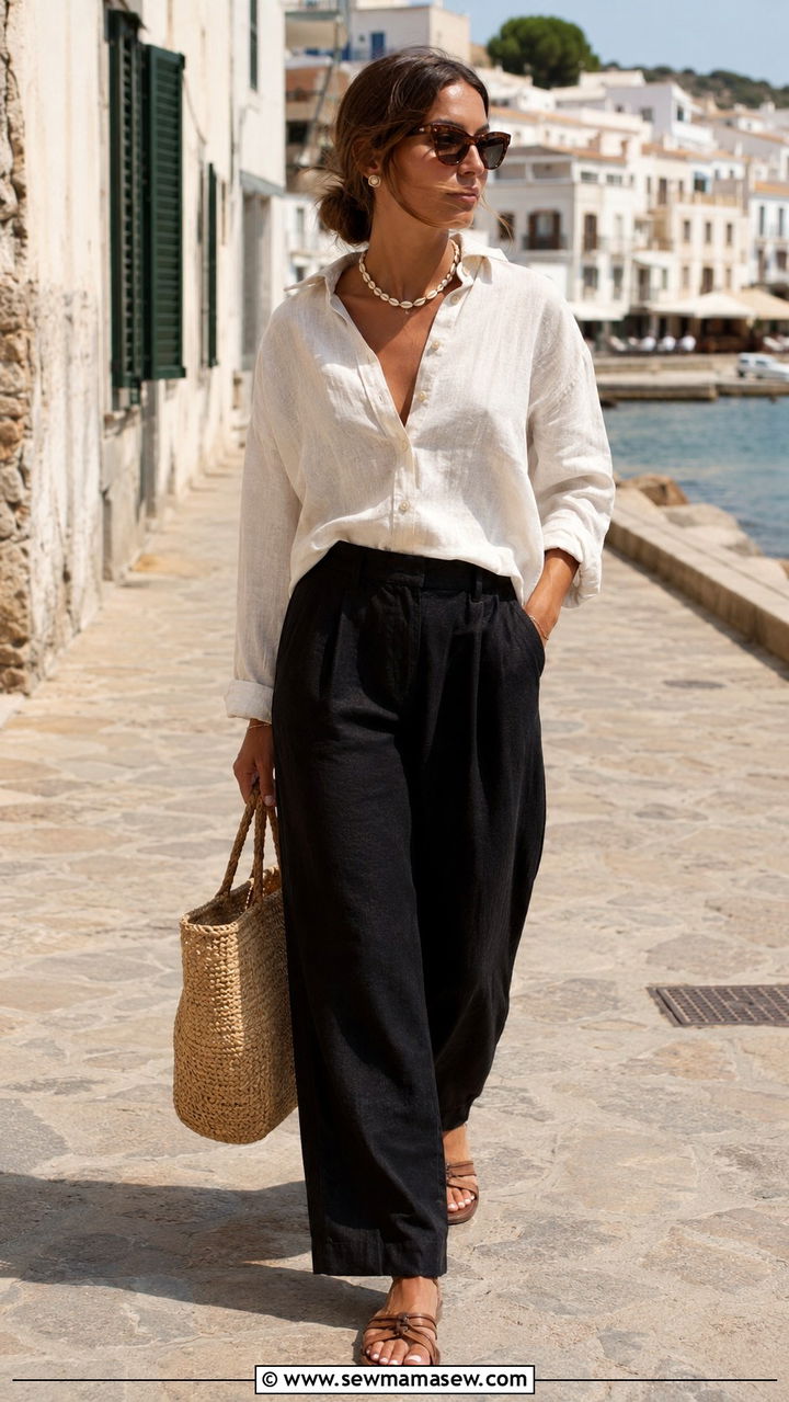 Linen Button Down with Black Wide Leg Pants - 25 Wide leg black pants outfit ideas with a button down