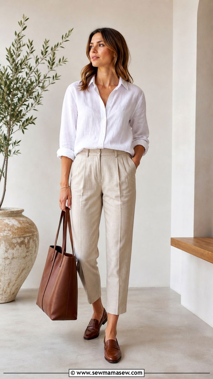 Linen Button Down with Cropped Trousers Outfit - 40 spring work outfit ideas