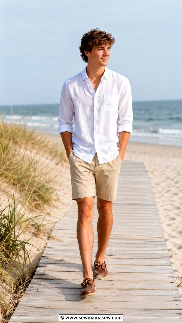 Linen Button Down with Khaki Shorts and Boat Shoes - 30 Senior photo outfit ideas for guys
