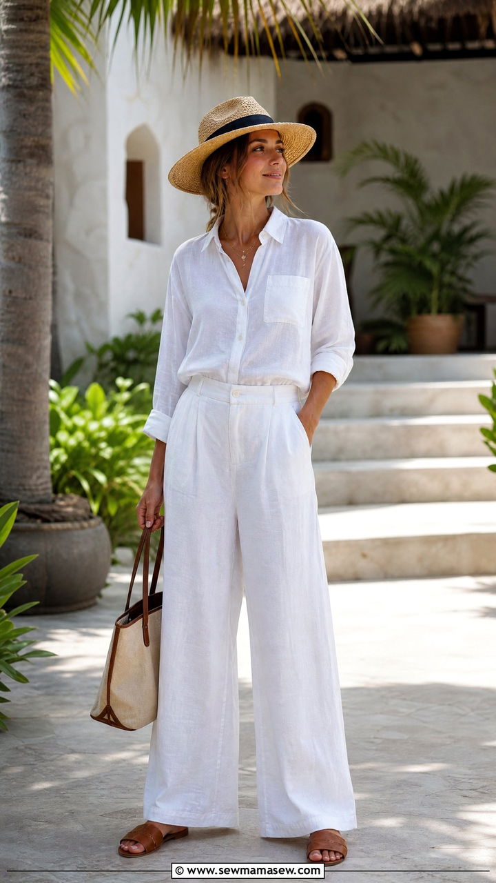 Linen Button Down with Linen Wide Leg Trousers - 25 Wide leg trousers outfit ideas with a button down