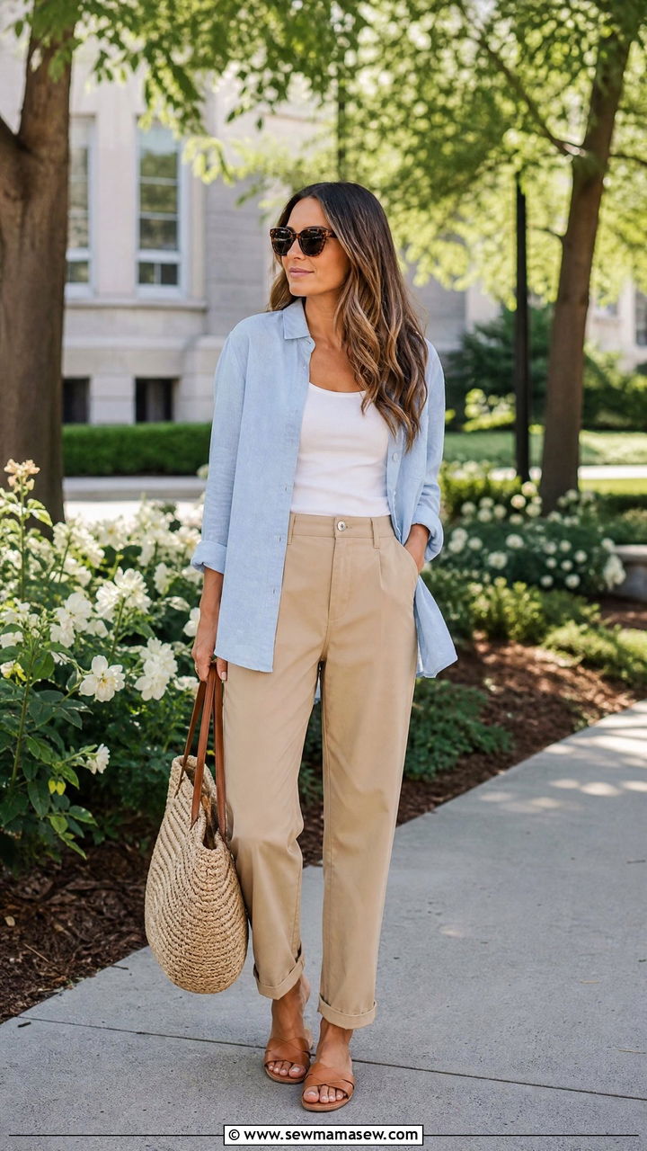 Linen Button Down with Relaxed Chinos and Slide Sandals - 30 College campus outfit ideas 2026