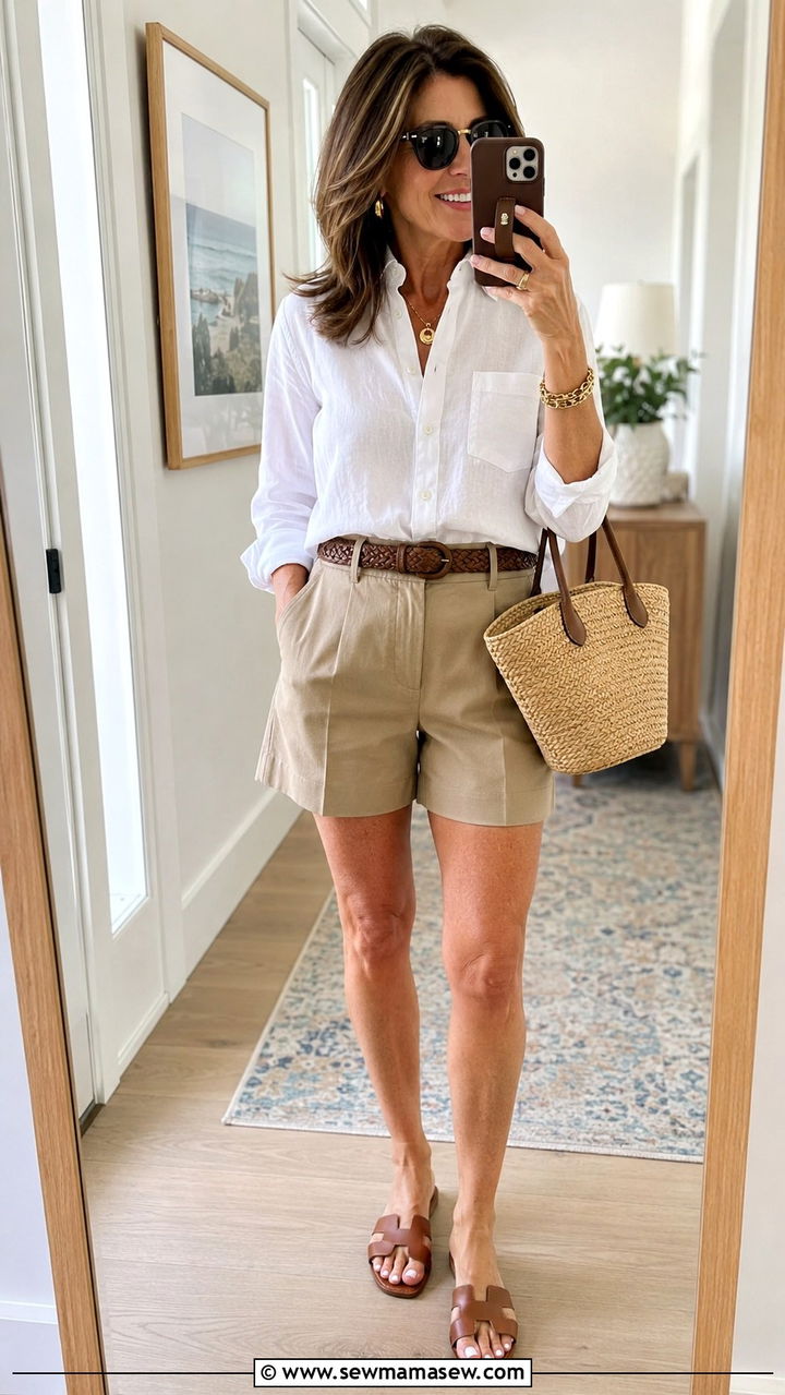 Linen Button Down with Tailored Shorts and Leather Sandals - 25 preppy outfit ideas for women over 40