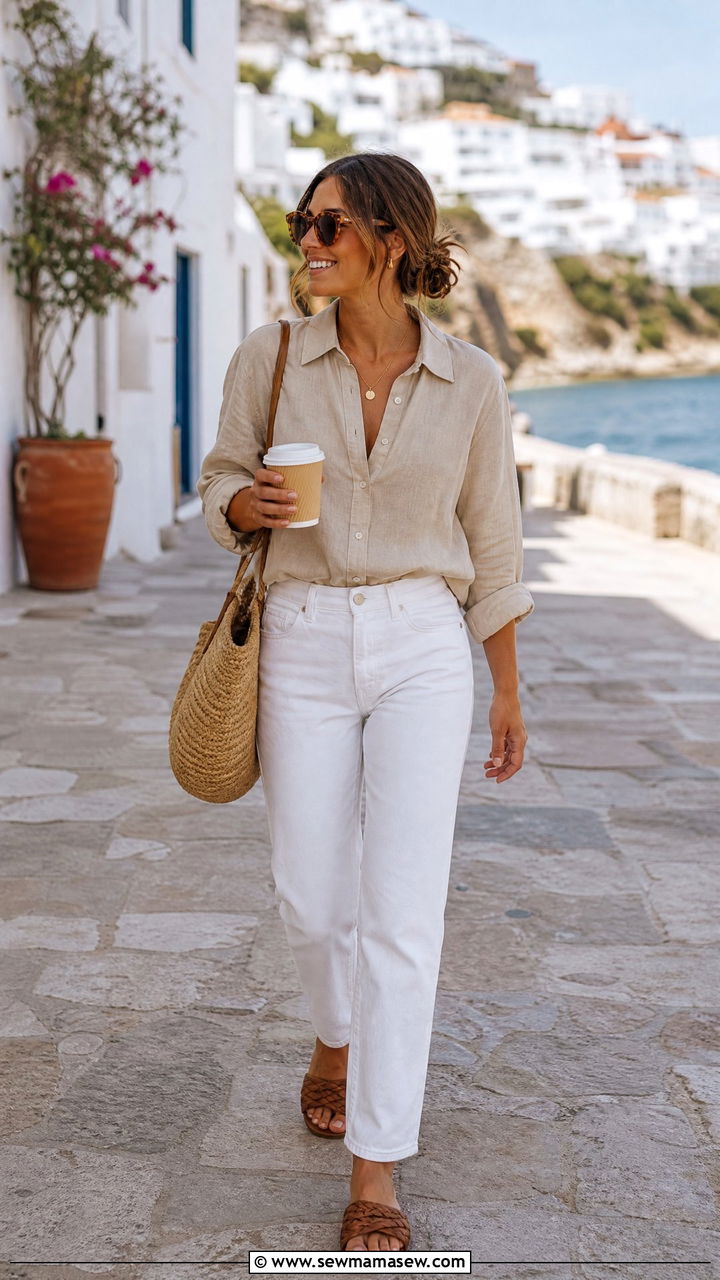 Linen Button Down with White Jeans Outfit - 30 coffee run outfit ideas