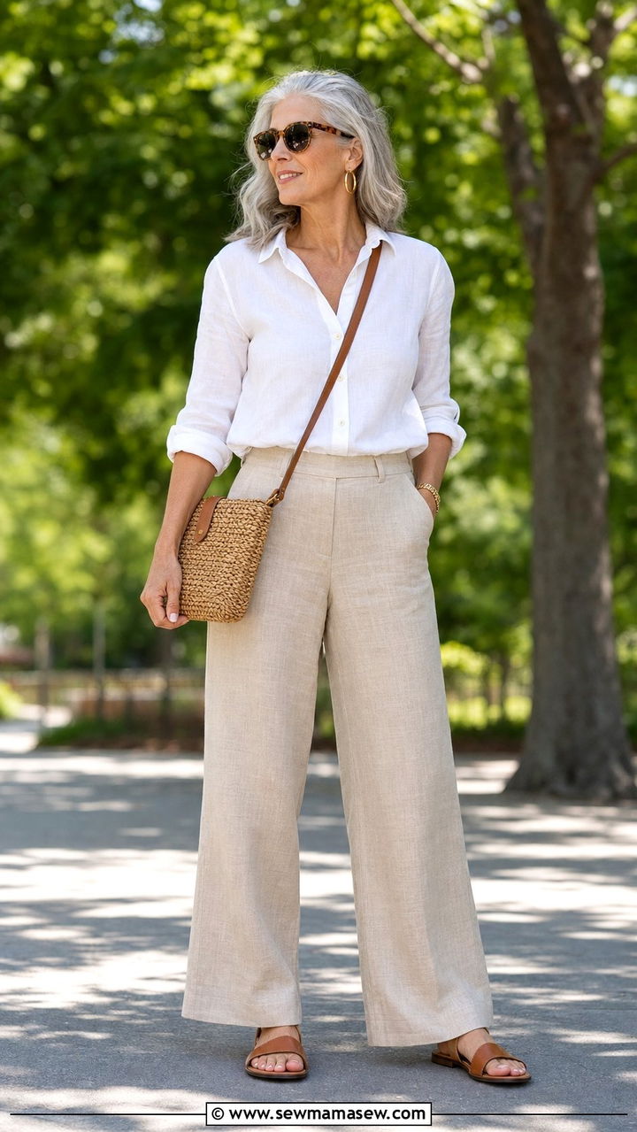 Linen Button Down with Wide Leg Linen Pants and Flat Sandals - 25 Family reunion outfit ideas for women over 50