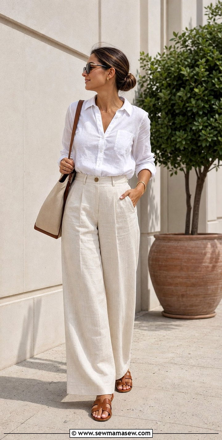 Linen Button Down with Wide Leg Trousers - 25 classy outfits for new moms