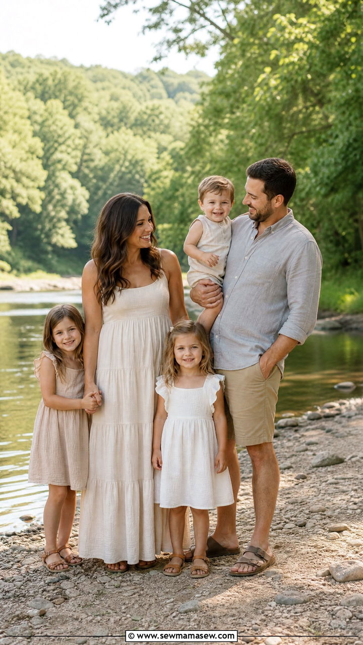 Linen Button Downs and Muslin Dresses by Water for Family Photos - 30 summer family photoshoot outfit ideas