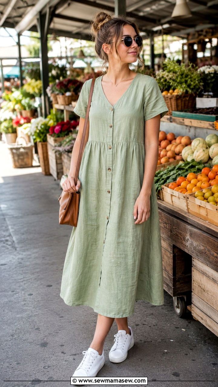 Linen Button Front Midi Dress With Sneakers - 30 Modest outfit ideas for teens