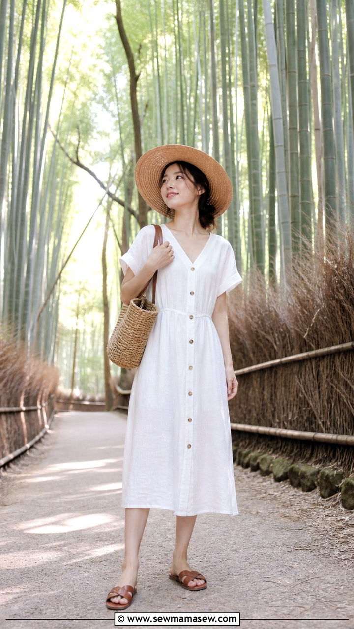 Linen Button Front Midi Dress and Straw Hat Outfit - 40 Summer Japan outfit ideas