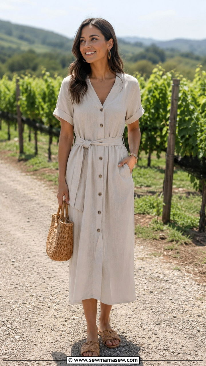 Linen Button Front Midi Dress - 30 spring rehearsal dinner outfit ideas