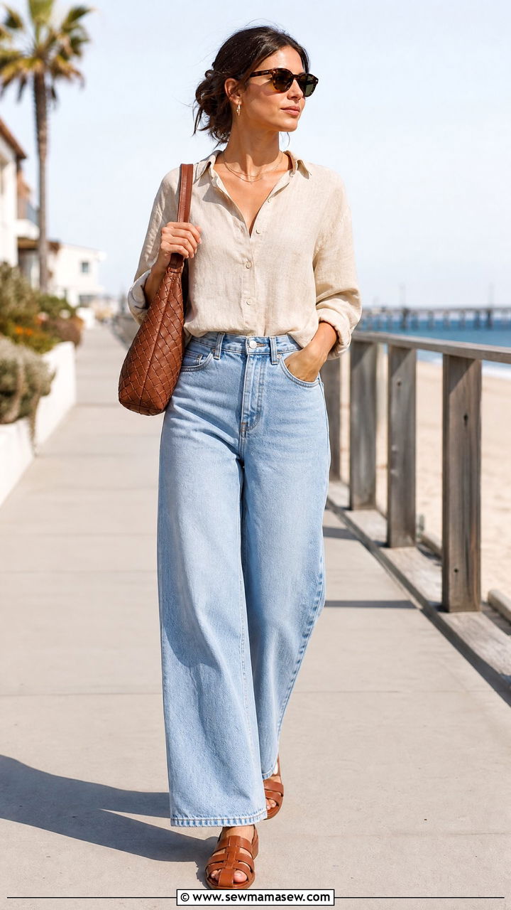 Linen Button Front Shirt And Wide Leg Jeans Summer Outfit - 25 How to style wide leg jeans in summer