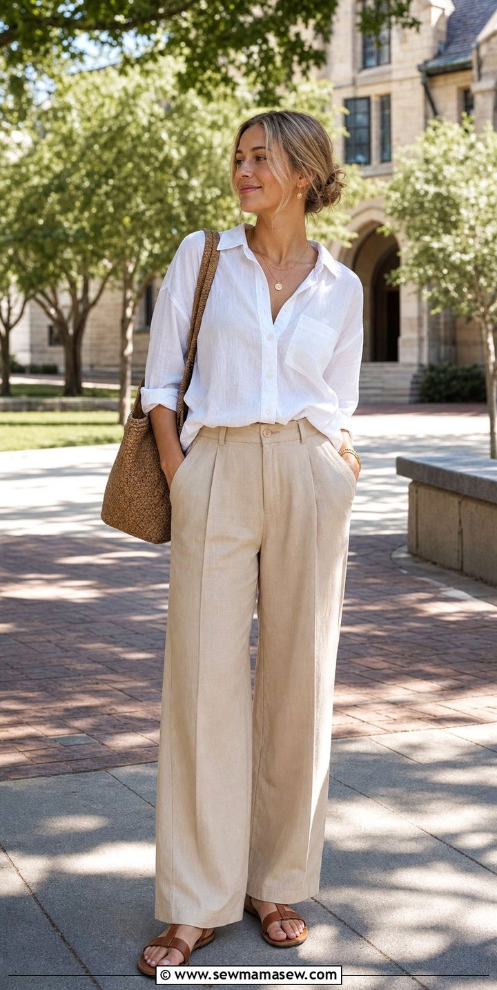Linen Button Up Beige Trousers Sandals Outfit - 25 college outfits aesthetic