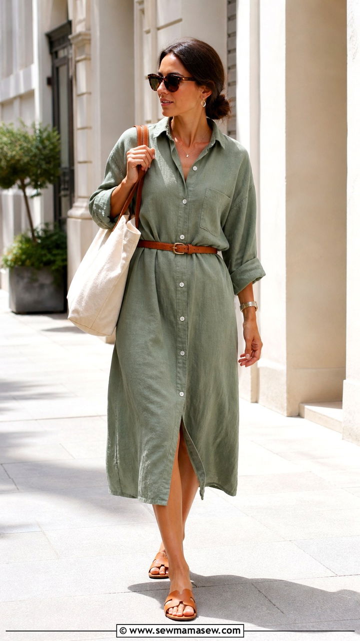 Linen Button Up Shirt Dress With Flat Leather Slides - 40 summer dress outfit ideas