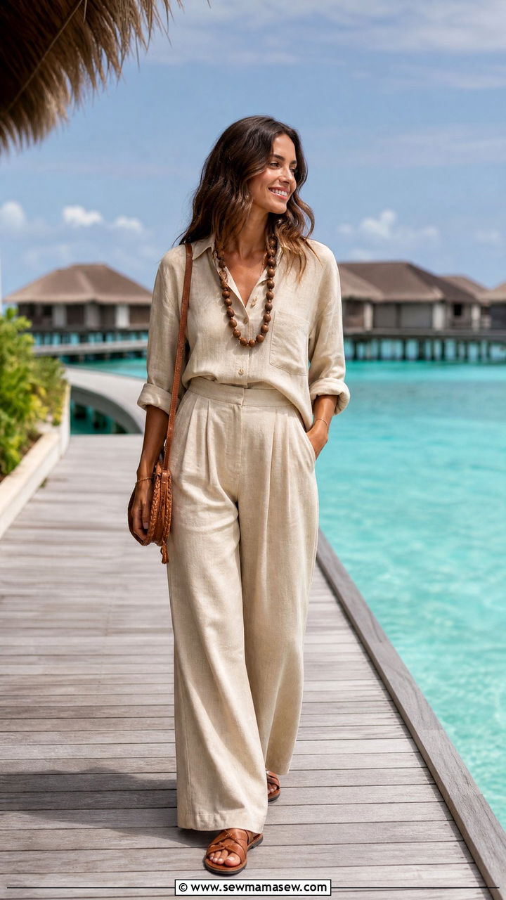 Linen Button Up Shirt With Flowy Wide Leg Pants - 35 Maldives vacation outfit ideas