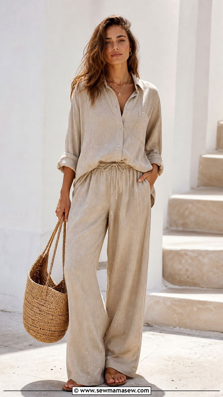 Linen Button Up Shirt With Matching Wide Leg Trousers - 40 boho chic outfits
