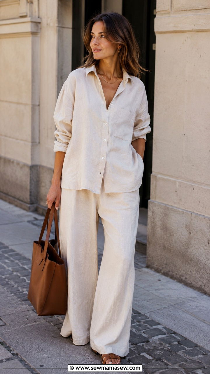 Linen Button Up Shirt With Wide Leg Trousers And Sandals - 25 Boho outfit ideas with sandals