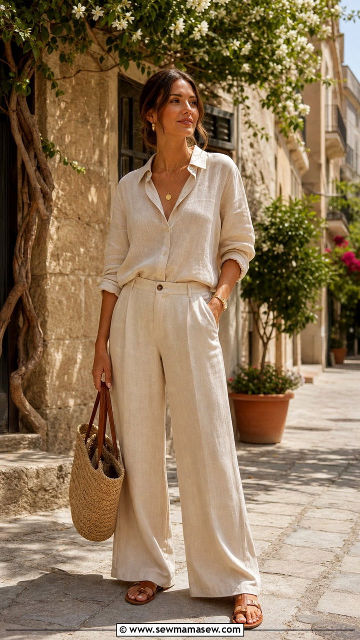 Linen Button Up Shirt with Wide Leg Trousers - 25 cute boho chic outfits