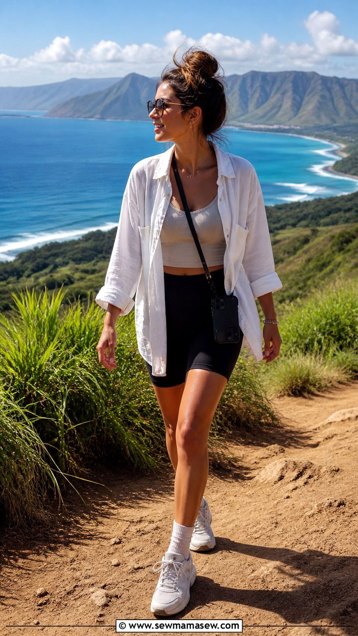 Linen Button Up With Biker Shorts - 40 Summer Hawaii outfit ideas