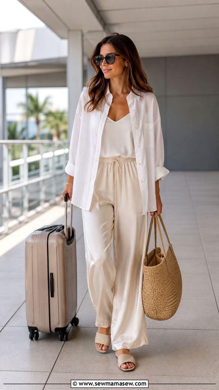 Linen Button Up With Silk Trousers - 25 Airport outfit ideas for economy