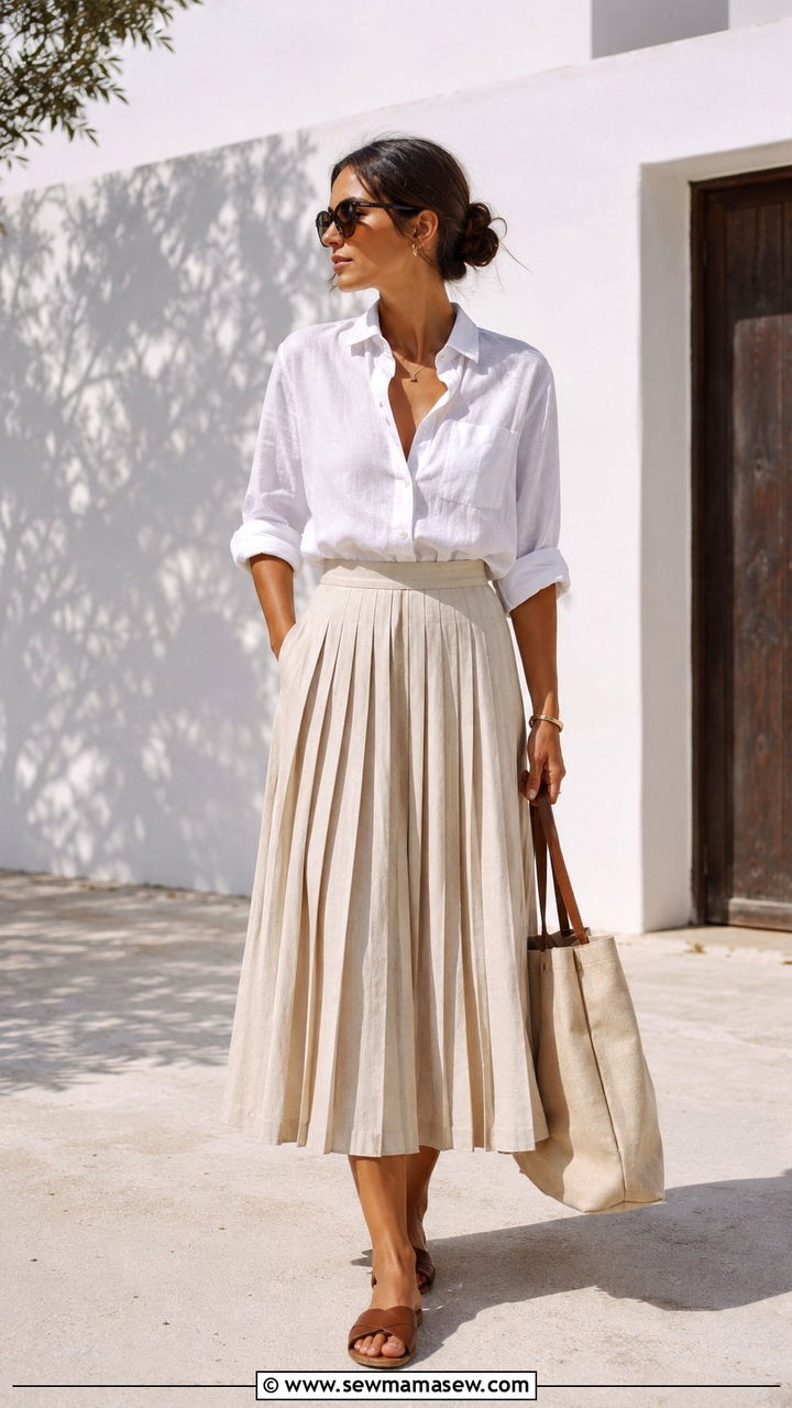 Linen Button Up and Pleated Midi Skirt with Slide Sandals - 30 Pleated skirt outfit ideas for summer