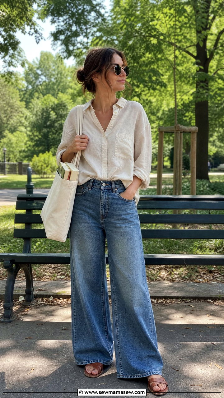 Linen Button Up and Wide Leg Denim Jeans - 25 poetcore outfits for women