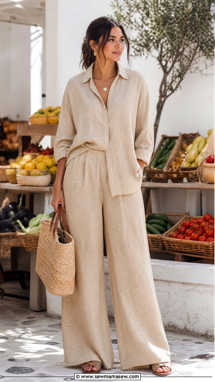 Linen Button Up and Wide Leg Pants Matching Set - 25 Matching set outfit ideas modest