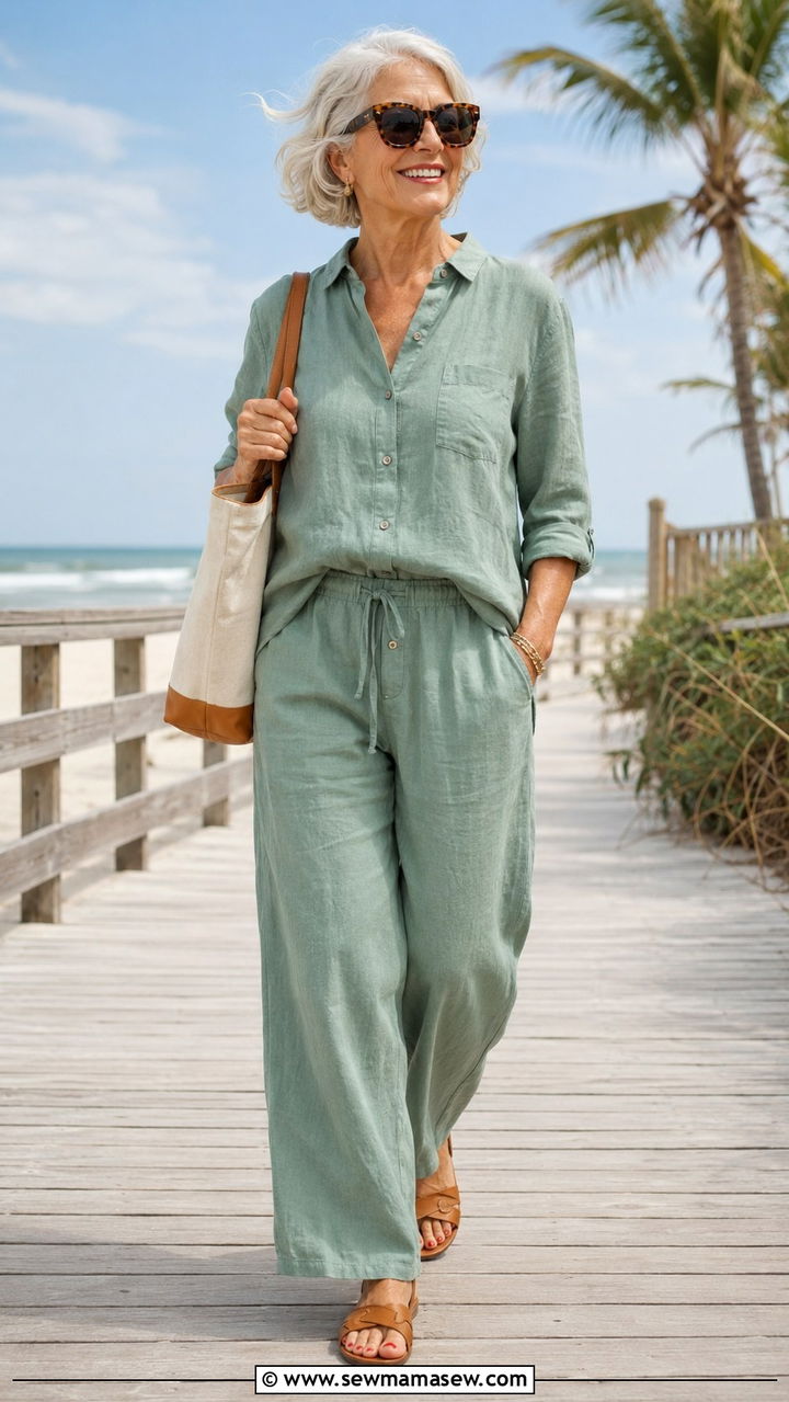 Linen Co Ord Set With Flat Sandals - 30 Trendy outfits for women over 60