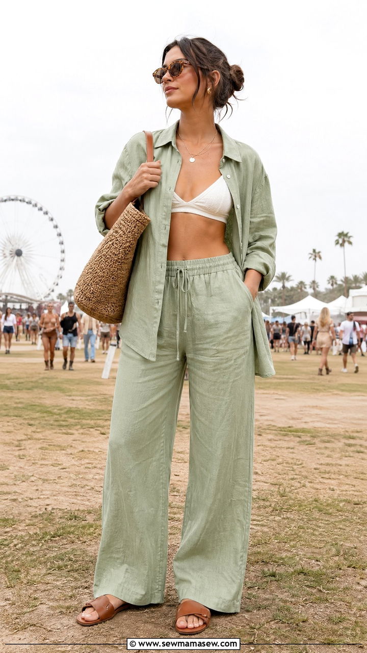 Linen Co Ord Set With Flat Slide Sandals - 35 festival outfits