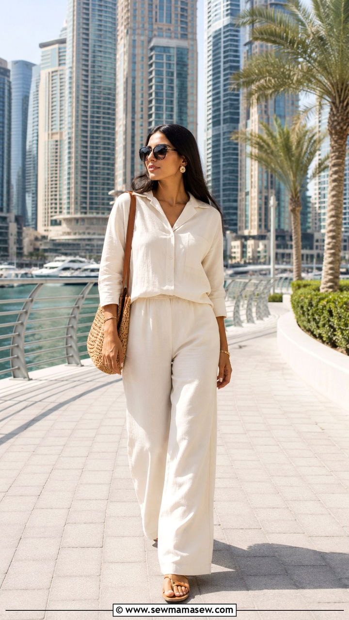 Linen Co Ord Set With Gold Sandals - 30 Dubai vacation outfit ideas modest