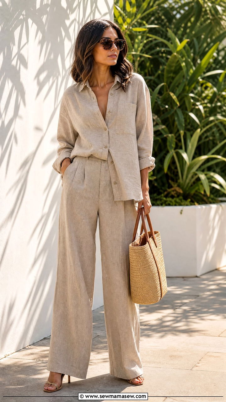 Linen Co Ord Set With Lace Up Heeled Sandals - 30 Summer outfits with heels