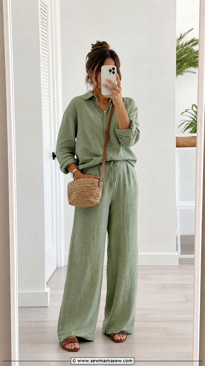 Linen Co Ord Set With Minimal Sandals - 35 linen pants outfit ideas