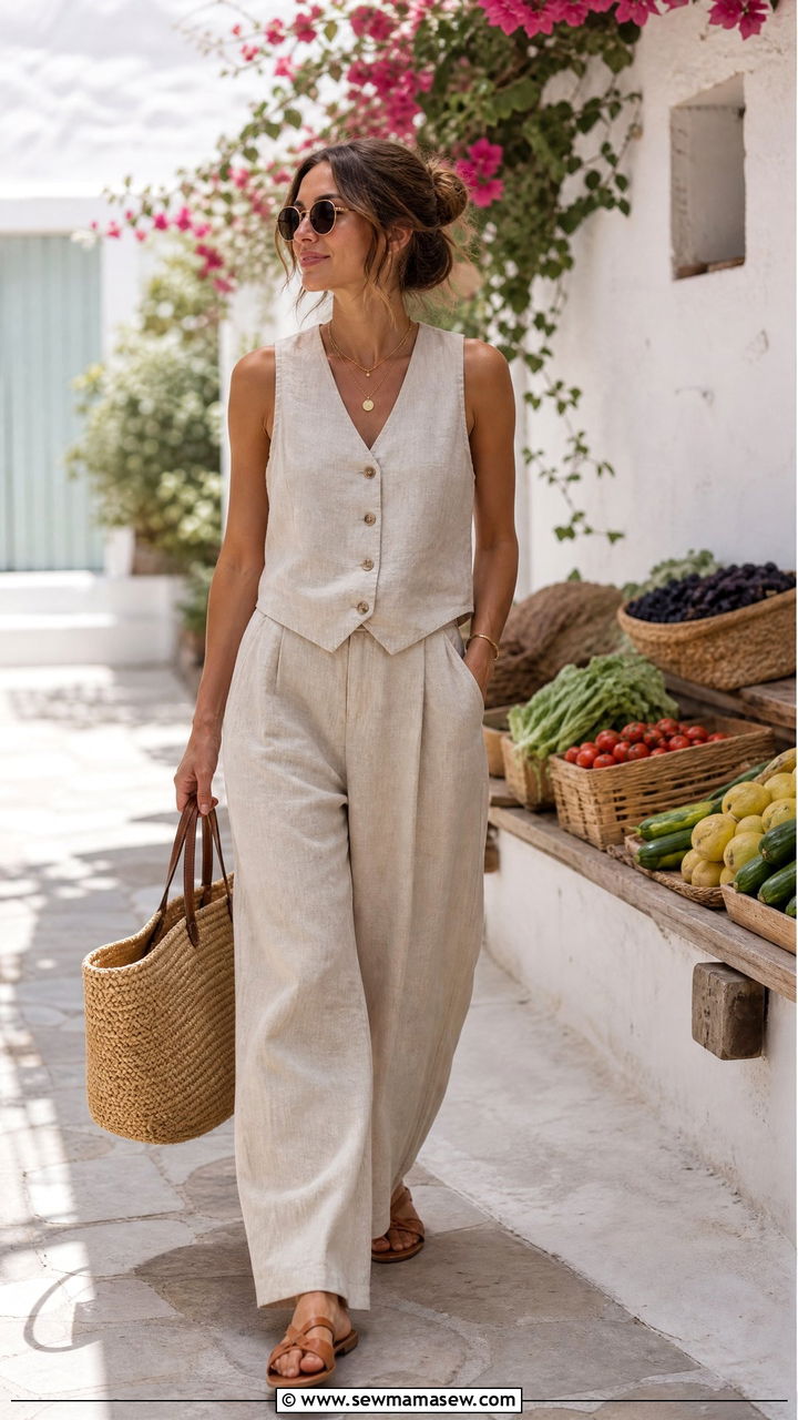 Linen Co Ord Set With Tank Top And Flat Leather Sandals - 30 Stylish spring outfit ideas 2026